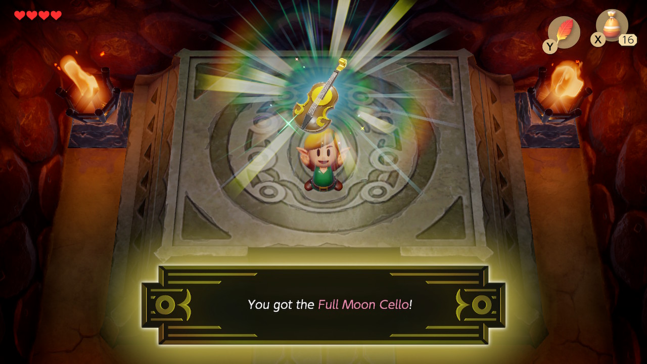 Link receiving the Full Moon Cello in the English version of Link's Awakening