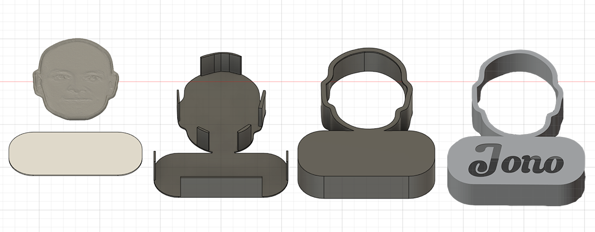 The parts that make up an Electric Friend Face A Fusion 360 screenshot showing the 3d printed parts of an Electric Friend Face